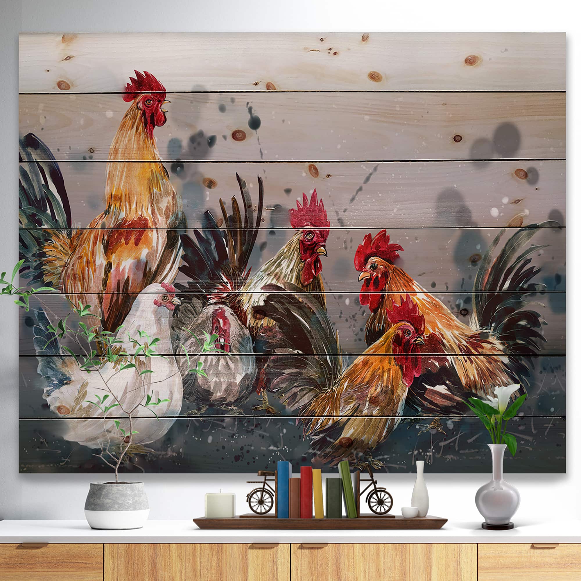 Designart - Group of Rooster in Gray Farm background